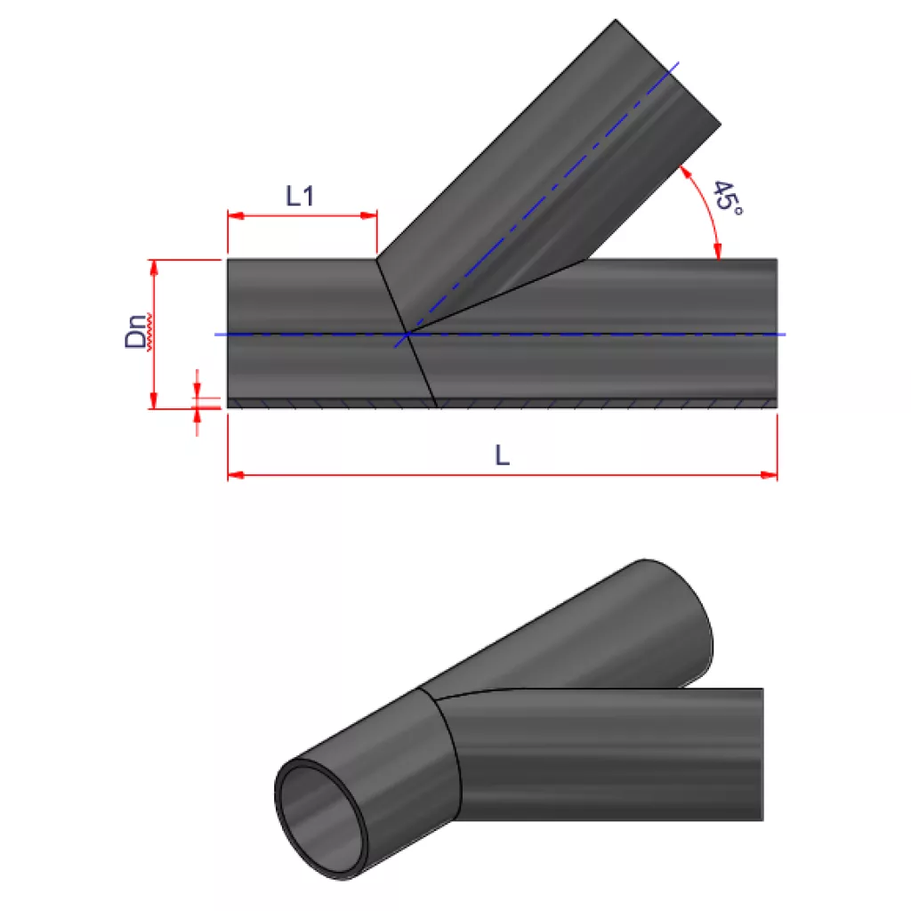 HDPE BUTT WELD FABRICATED WYE LATERAL 45° PE 100 PN 10, PN16, PN 20