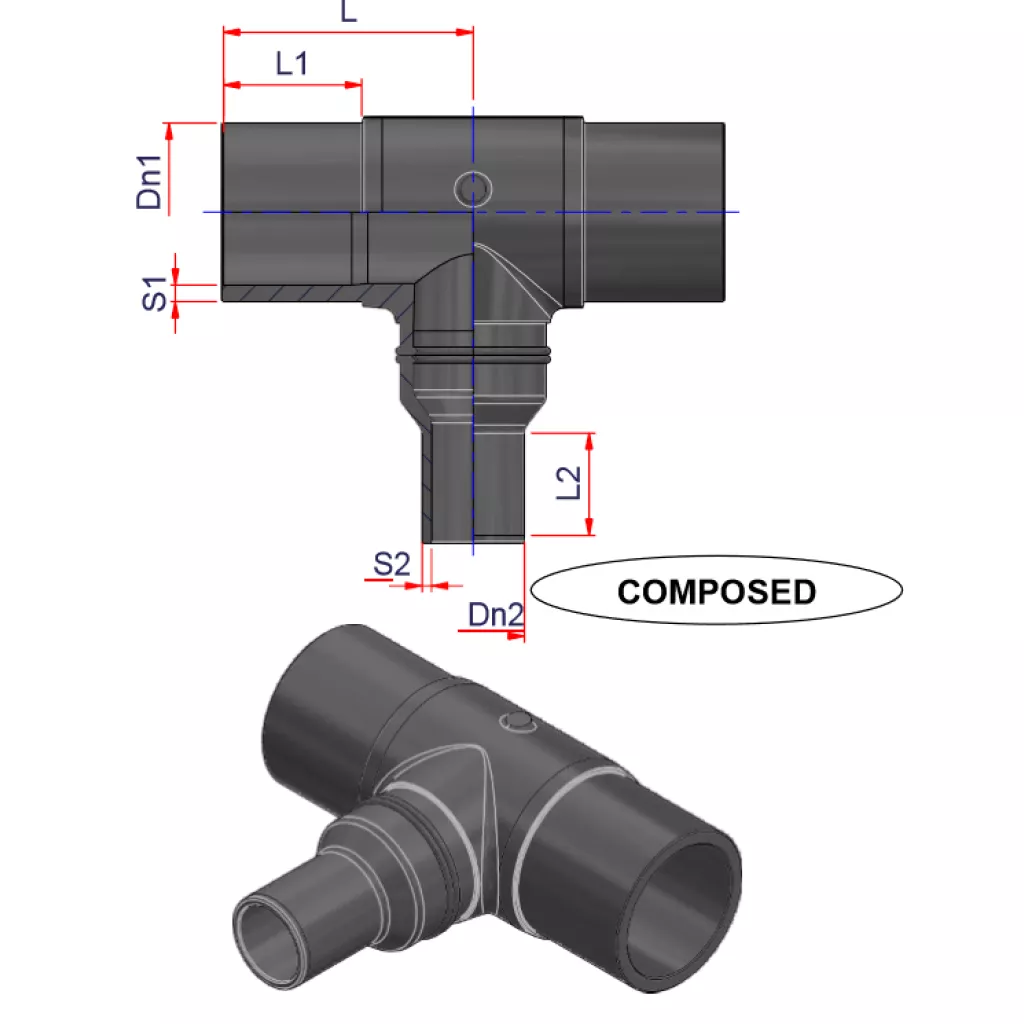 HDPE BUTT WELD TEE REDUCER LONG SPIGOT PE 100 PN 16 SDR 11 (SMALLER SIZE) - (Shape 2)