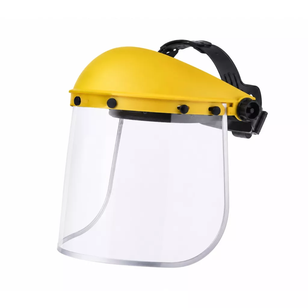Welding and face protection equipment - Transparent, green, and aluminum face shields.