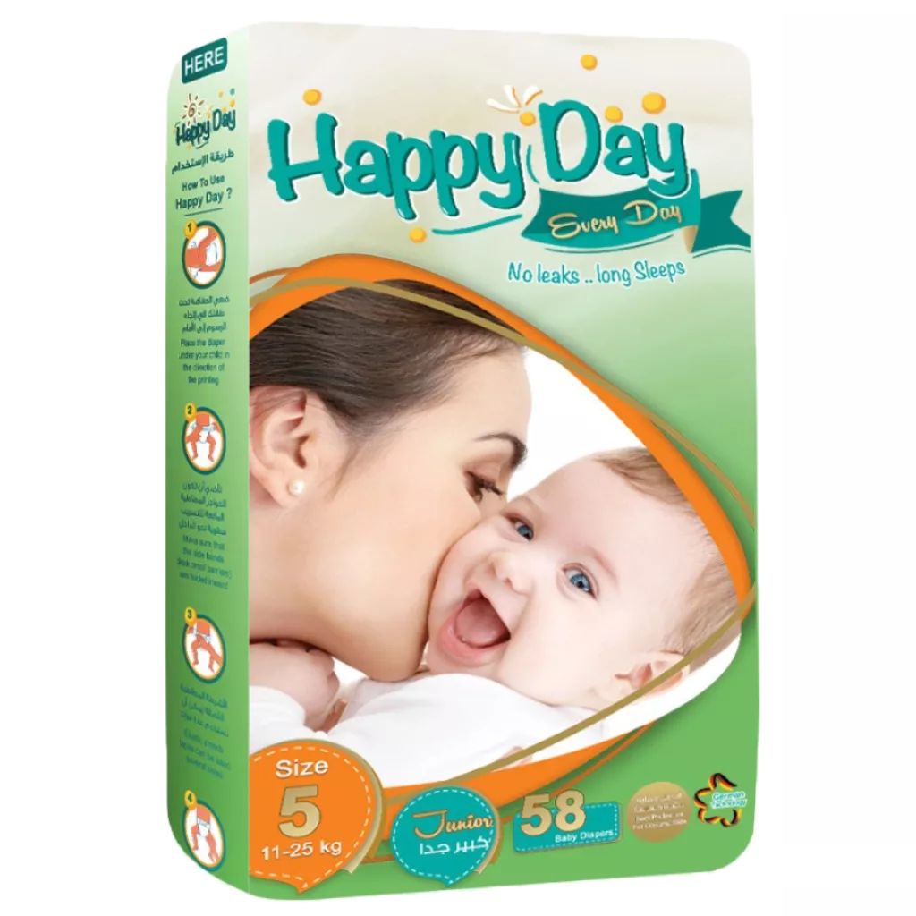 Pampers bayi dari Happy Day - Saiz 5- Sangat besar- 14- 25 kg - 58 keping