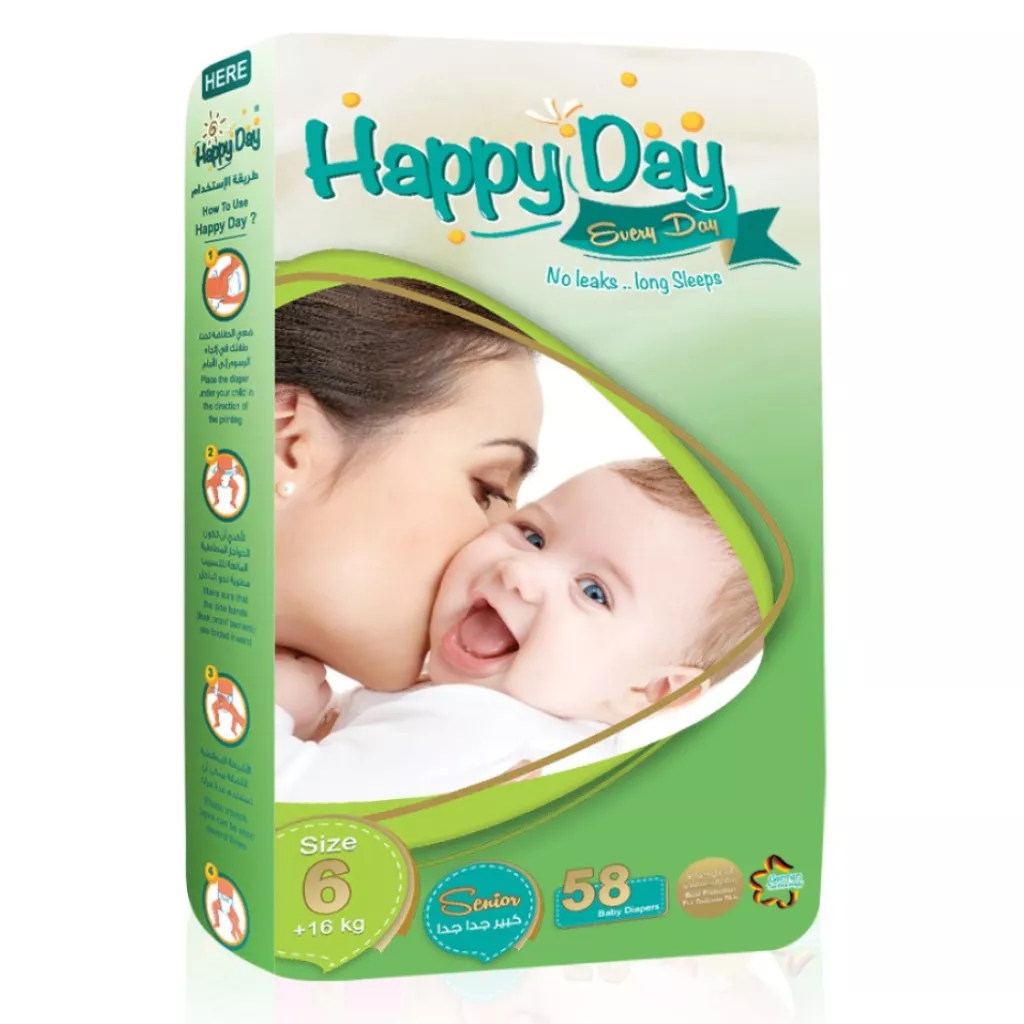 Pampers bayi dari Happy Day - Saiz 6- Sangat besar- lebih daripada 16 kg - 58 keping