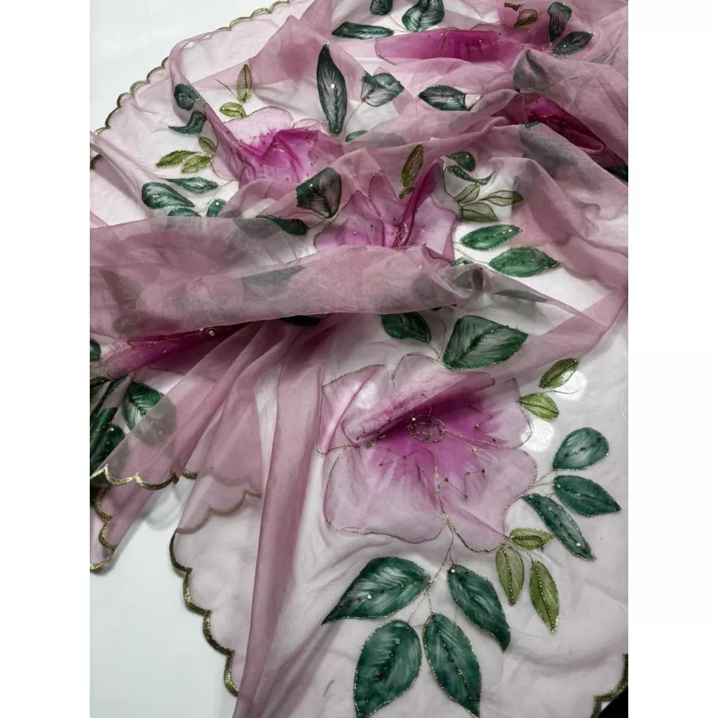 Women Hand Painted Organza Dupatta Shawl, Floral Oil Paint Kiran Lace Wrap, Dabka Stone Embellished Pakistani Wedding Scarf, Pastel Ethnic