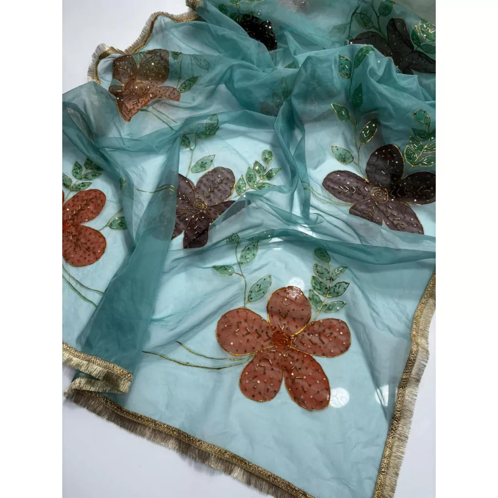 Hand Painted Pure Organza Dupatta With Kiran Lace, Floral Zardozi Adda Work Wrap, Formal Pakistani Wedding Shawl, Bridal Scarf