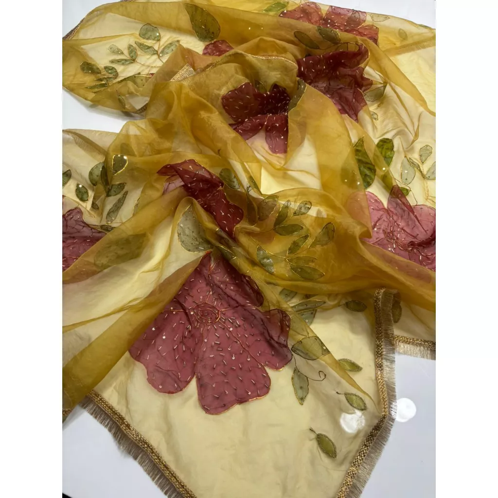 Hand Painted Pure Organza Dupatta With Indian Kiran Lace, Zardozi Floral Bridal Shawl, Luxury Pakistani Formal Wrap For Women
