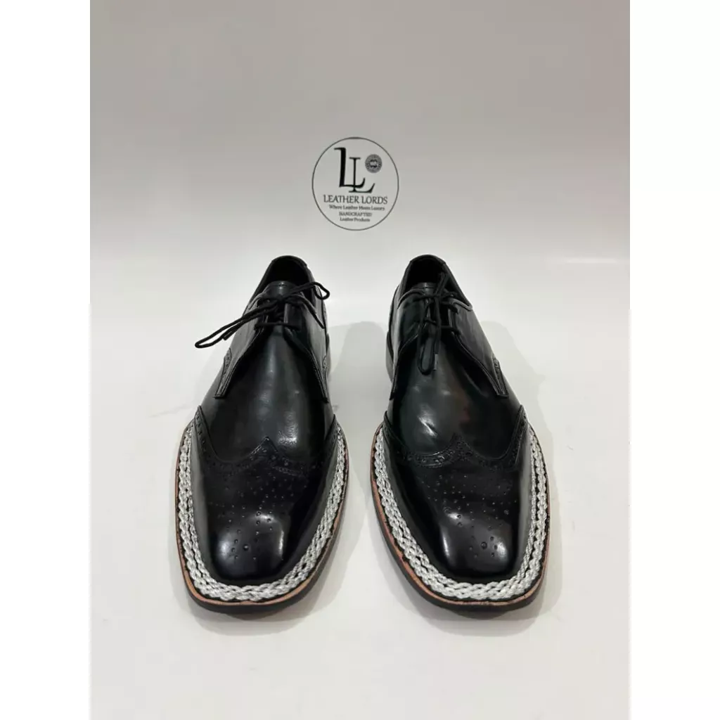 Handmade Leather Shoes Men Handmade Black Leather Brogue Toe Derby Shoes Genuine Leather Formal Goodyear Welted Boots