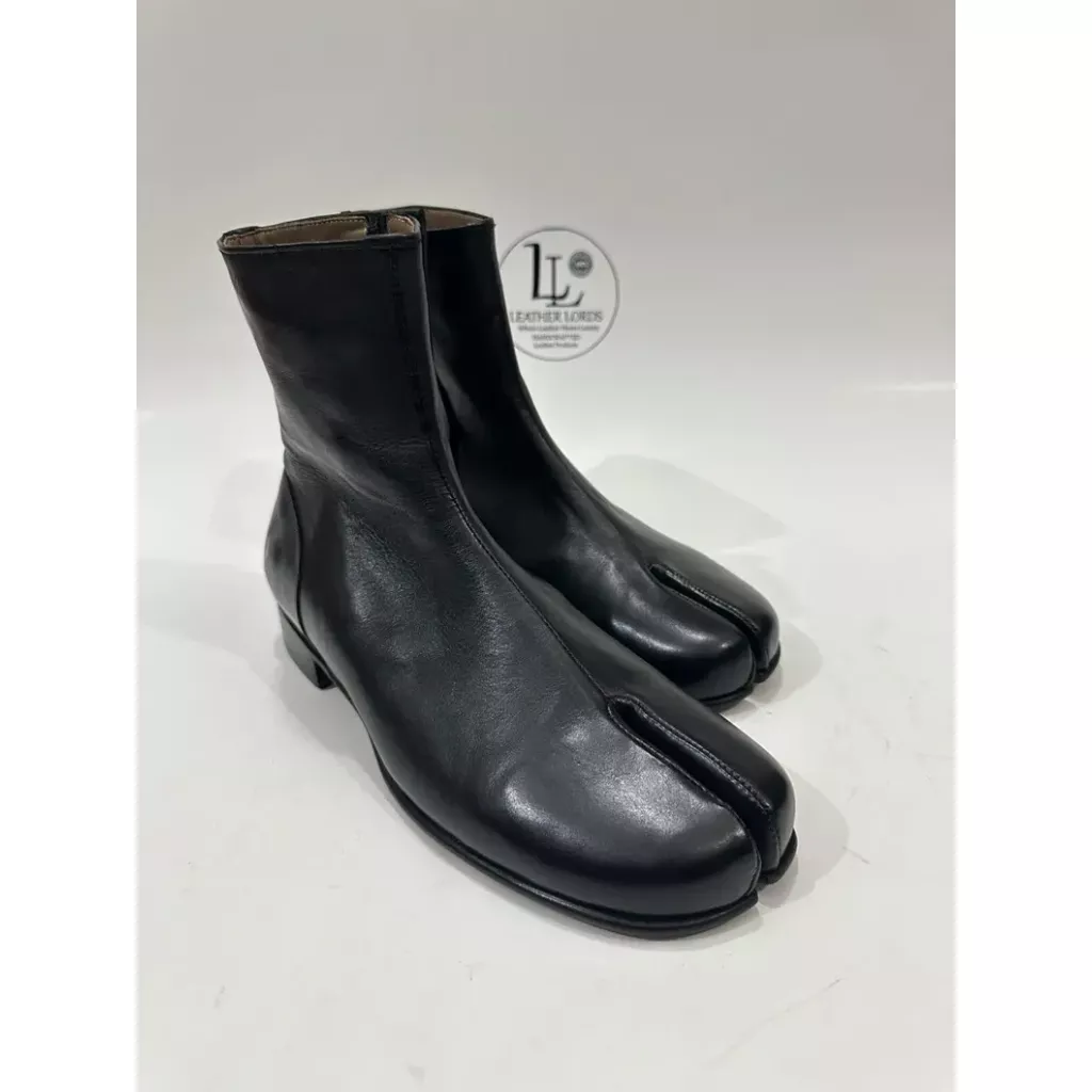 Handmade Black Leather Tabi Boots: Japanese Split Toe Ankle Boots