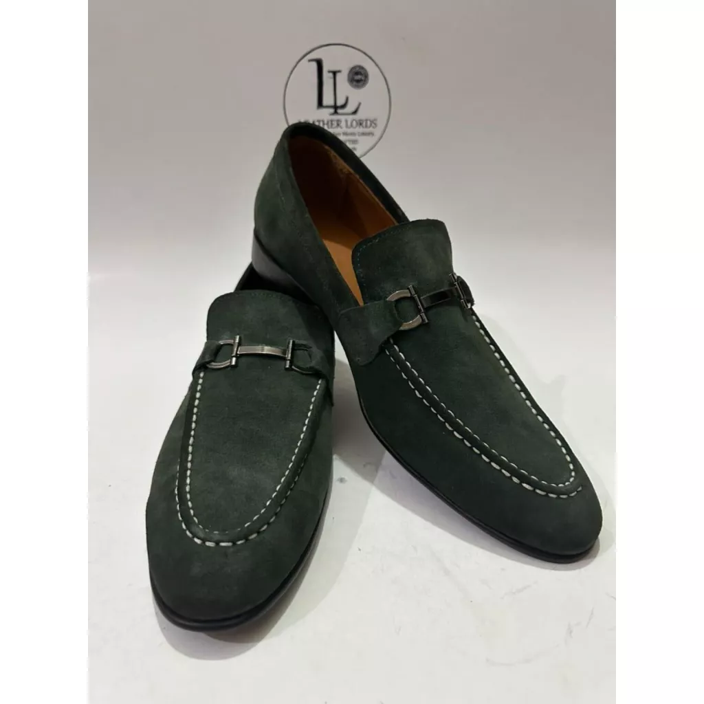 Handmade Forest Green Suede Loafers for Men, Genuine Leather Sole Bit Loafers, Luxury Slip-On Dress Handcrafted Shoes