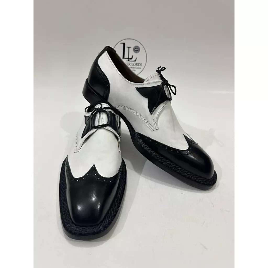 Handmade Leather Shoes Men Handmade Norwegian Welted Wingtip Men's Dress Shoes Black & White Part Shoes